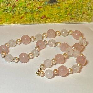Akoya Pearl Rose Quartz 14K Gold Spacer Beads Strand Necklace